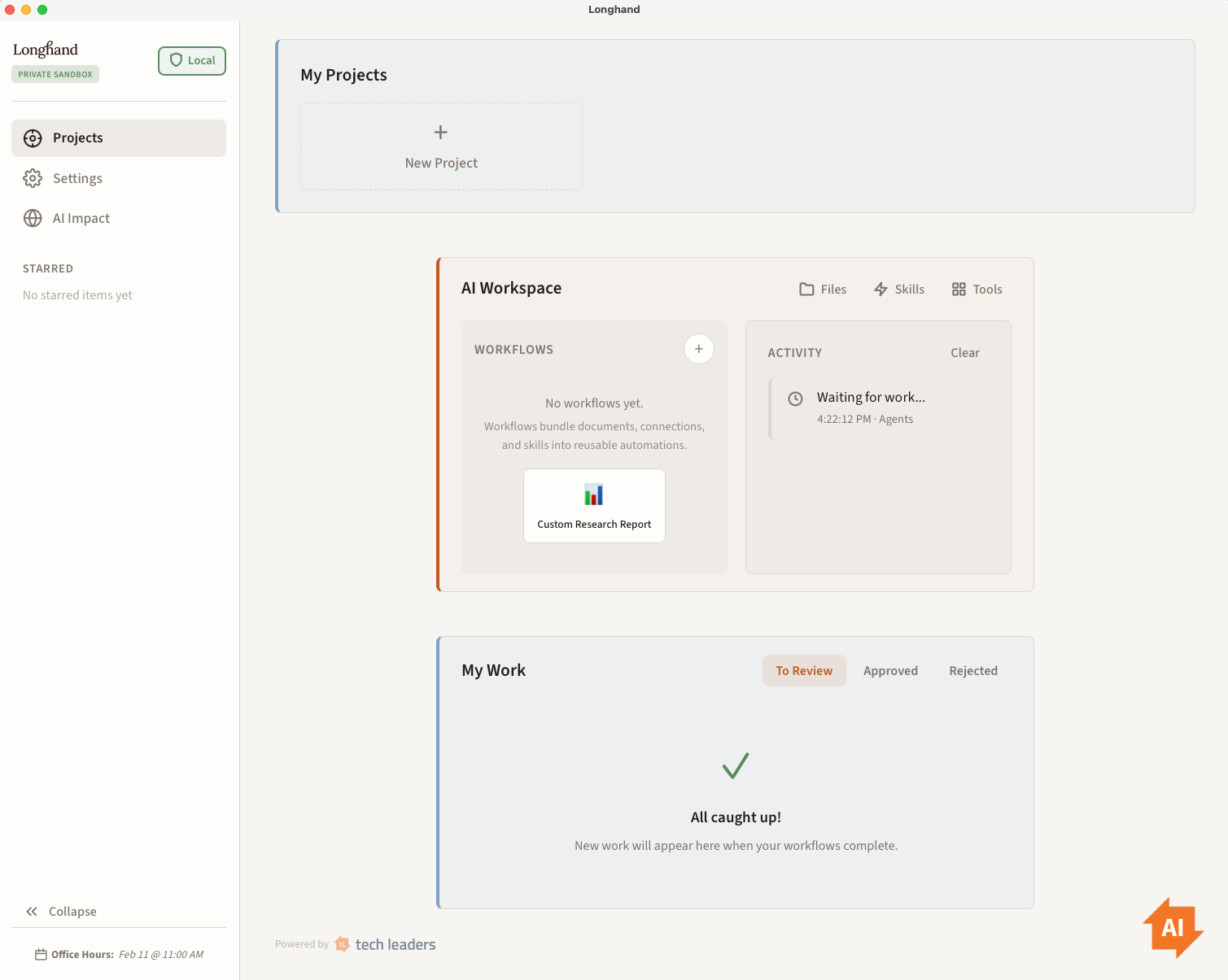Longhand app dashboard showing projects, tasks, and deliverables